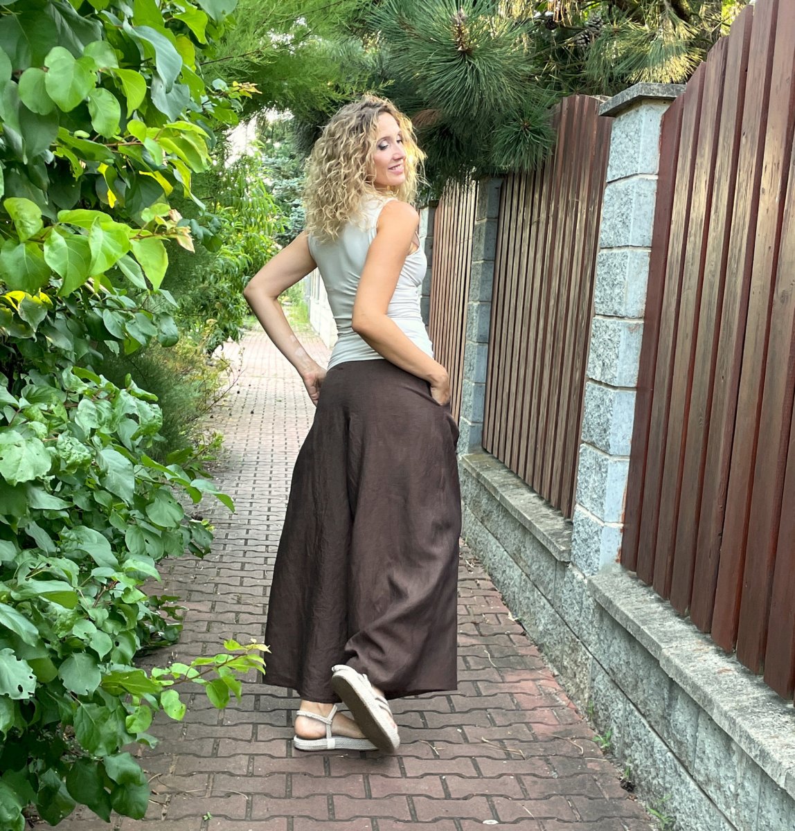 Kalhotová sukně lněná hnědá dlouhá