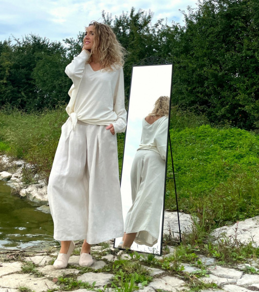 Kalhotová sukně lněná béžová dlouhá