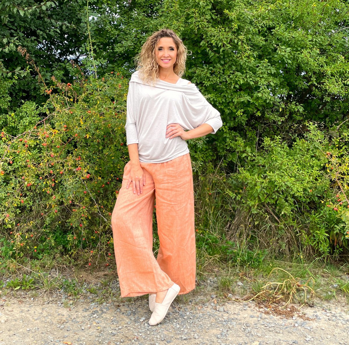 Volné kalhoty - lněné broskvové