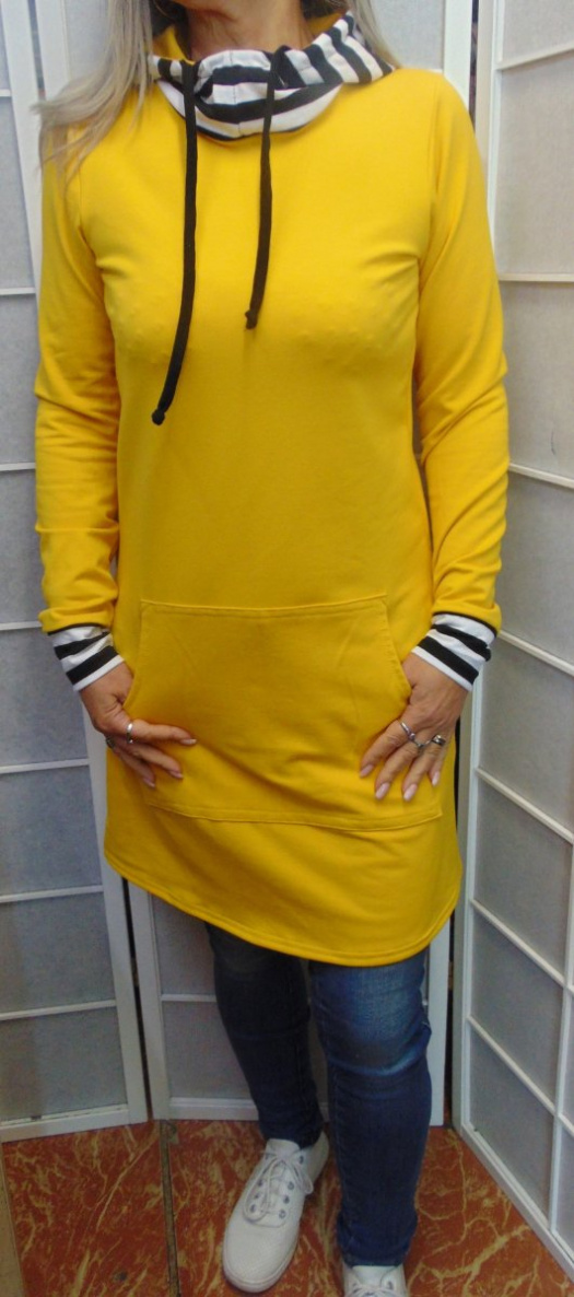 Mikinové šaty s kapucí - žluté s pruhovanou kapucí S - XXXL