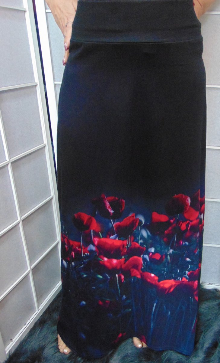 Dlouhá sukně - máky na černé S - XXL