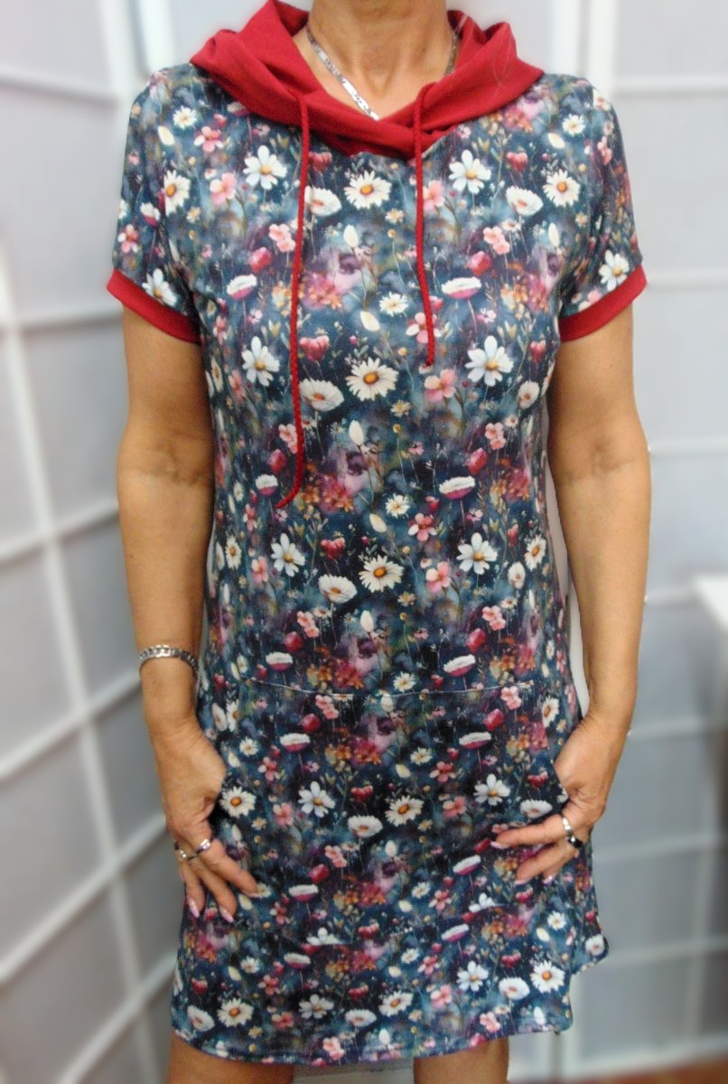 Šaty s kapucí - luční kvítí (bavlna), velikost L ~ LETNÍ VÝPRODEJ ~