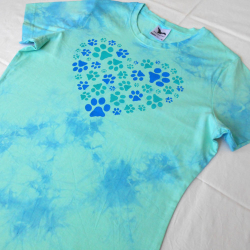 Dámské batikované tričko s potiskem tlapek – mentolovo-modré, velikost M 14120786