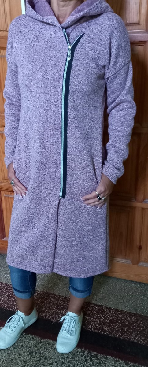 Dlouhý svetr s kapucí na zip - barva starorůžová (svetrovina)