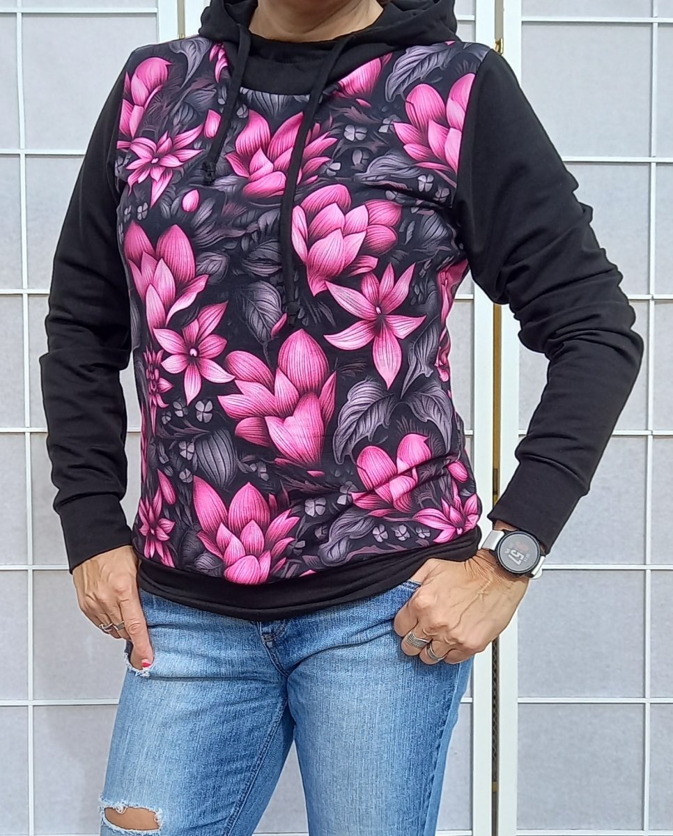 Mikina - růžové květy KAPUCE/ROLÁK (teplákovina)