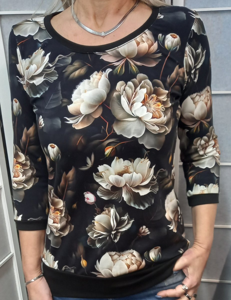 Tričko s 3/4 rukávem - pivoňky na černé (bavlna)