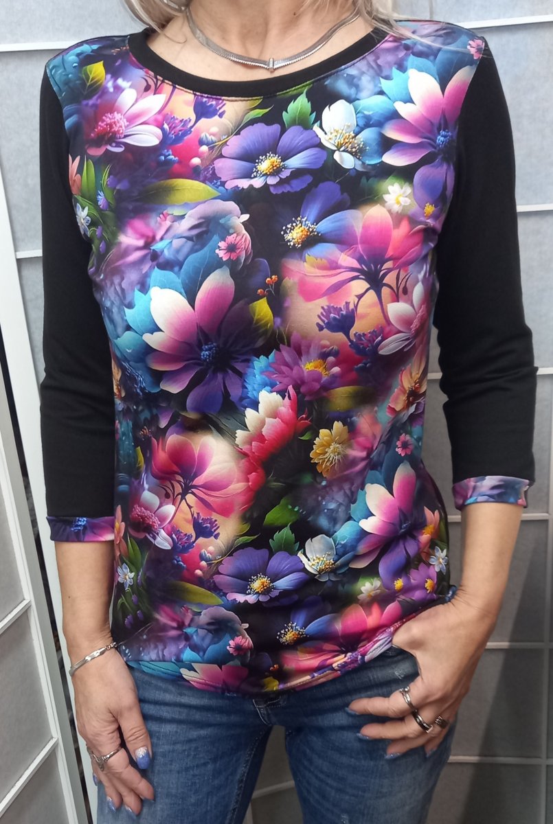 Tričko s 3/4 rukávem - květy (bavlna)