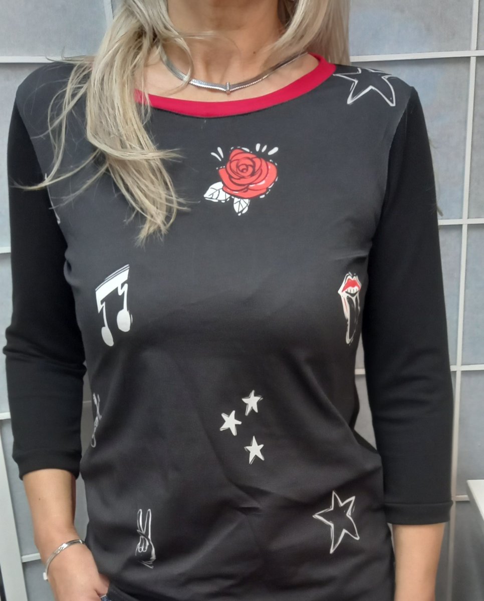 Tričko s 3/4 rukávem - černé + vzor (bavlna)