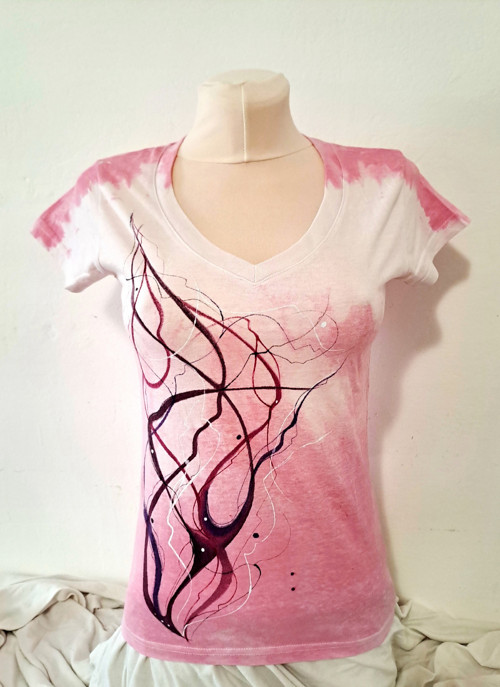 Růžové tričko s abstrakcí M-ručně malované