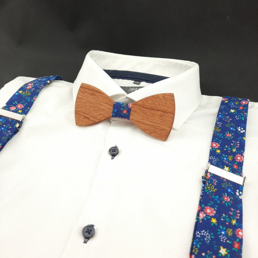 Dřevěný Motýlek a Traky Modrý Květovaný