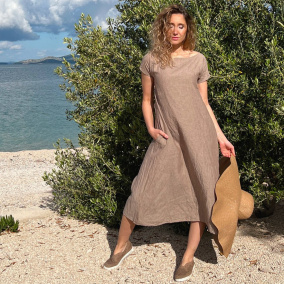 Lněné zvonové šaty s vázáním