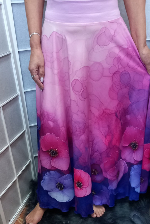 Dlouhá půlkolová sukně - macešky, velikost L/XL 