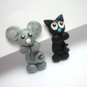 myš a kočička - fimo náušnice skrz ucho - 1pár