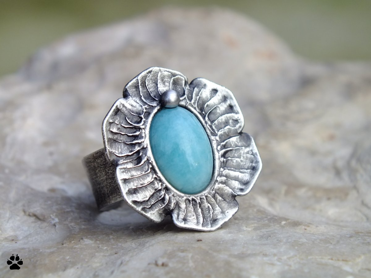 Květ s amazonitem - cínovaný prsten