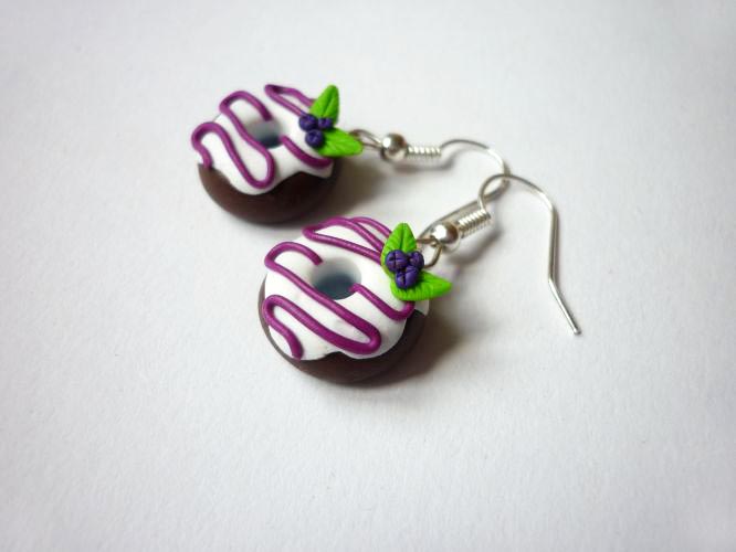 Fimo náušnice koblihy donuts - borůvka