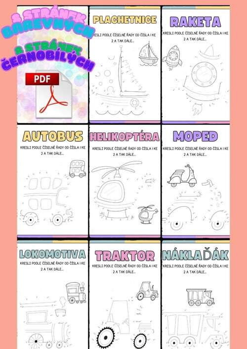 Omalovánky se spojováním čísel 17 motivů