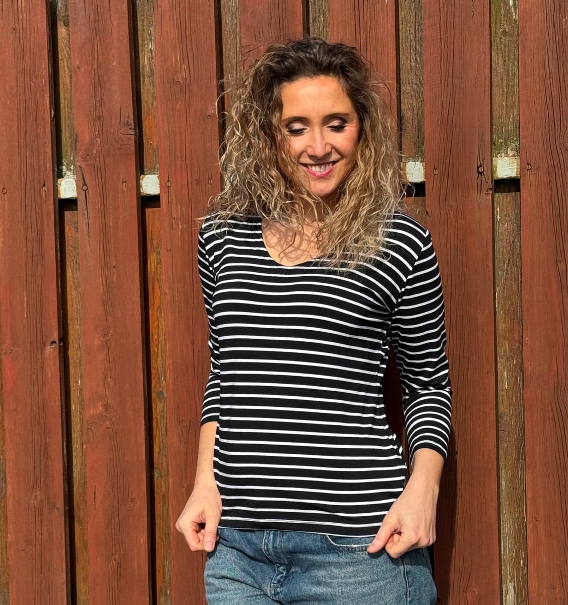 Tričko proužek V výstřih 3/4 rukáv