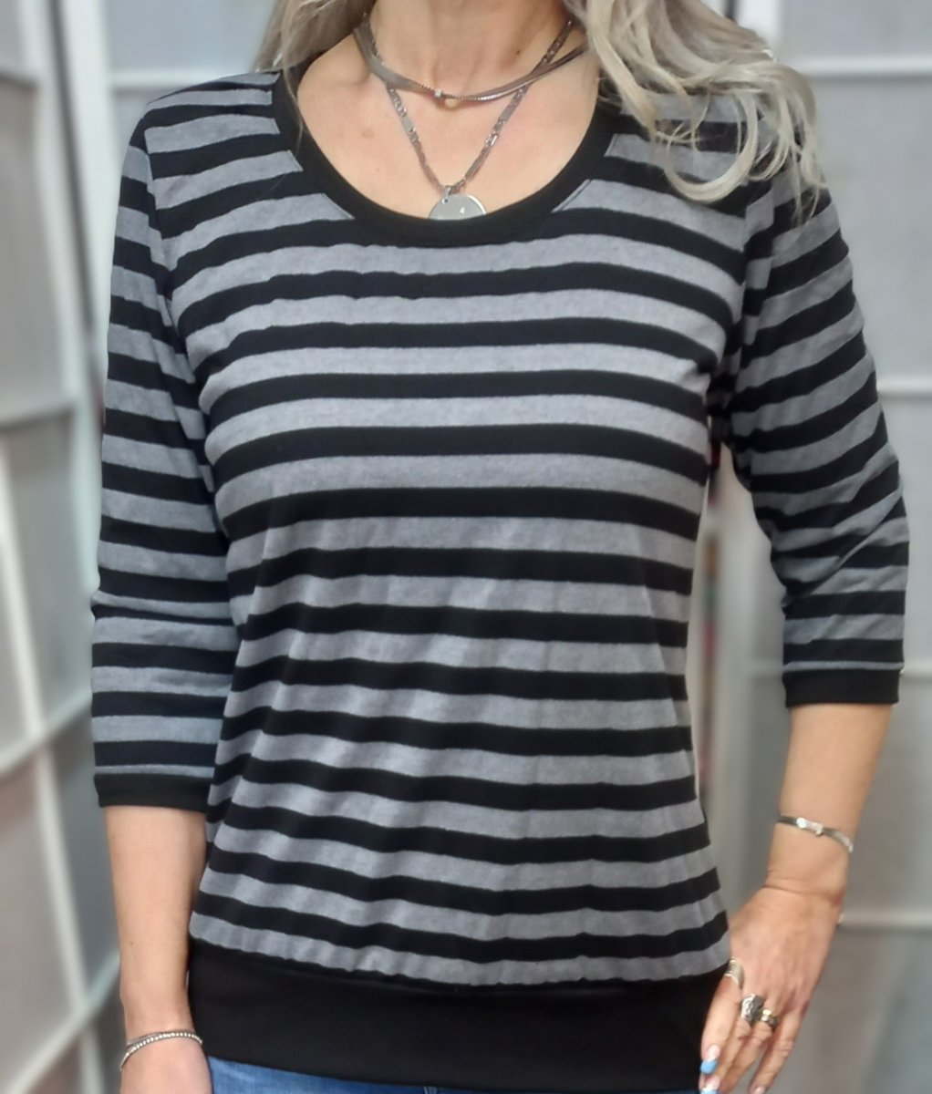 Tričko s 3/4 rukávem - šedočerné pruhy (bavlna)