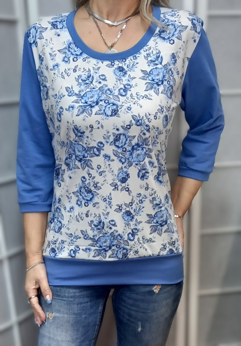 Tričko s 3/4 rukávem - modré růže (bavlna)