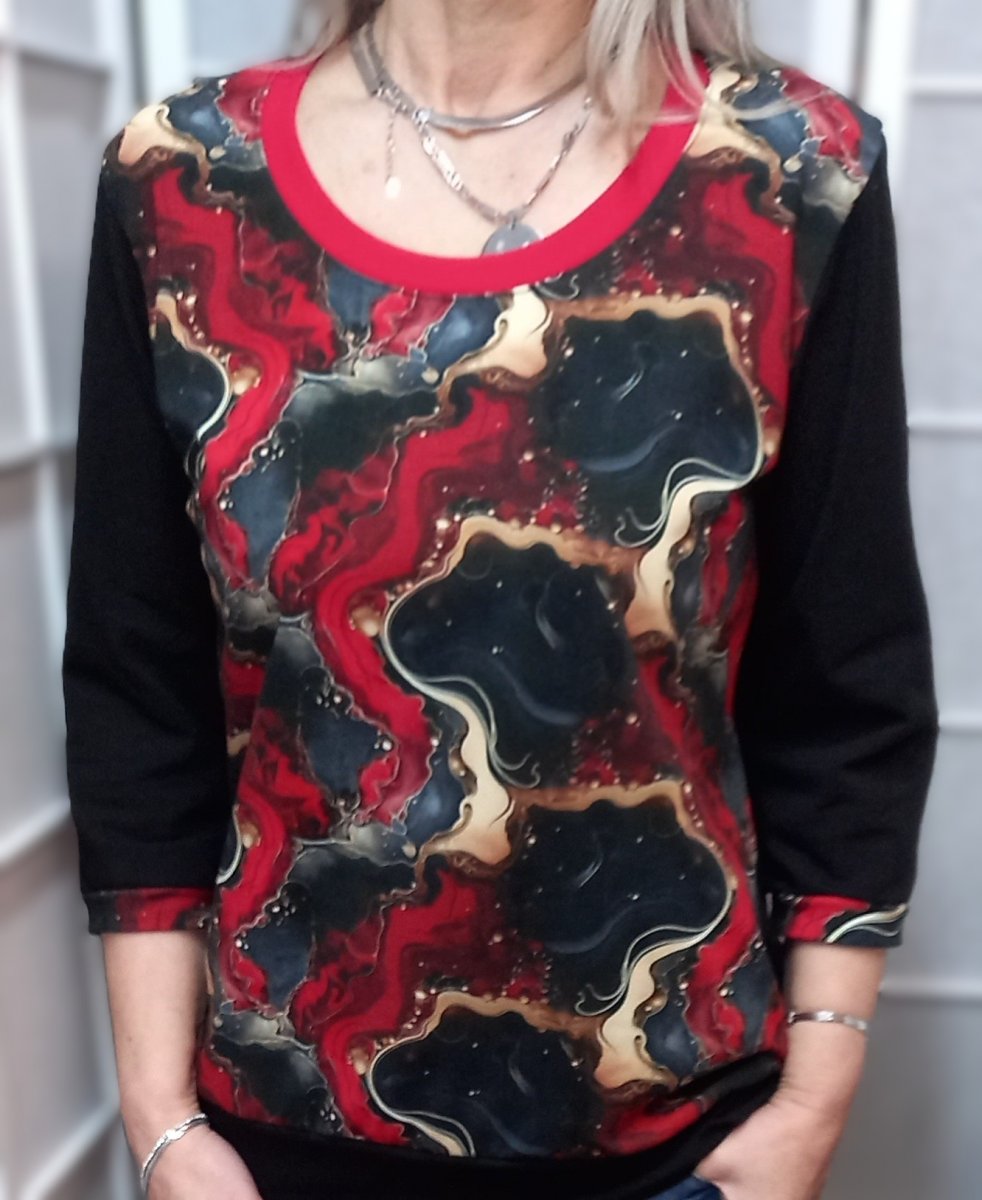 Tričko s 3/4 rukávem - červený mramor (bavlna)