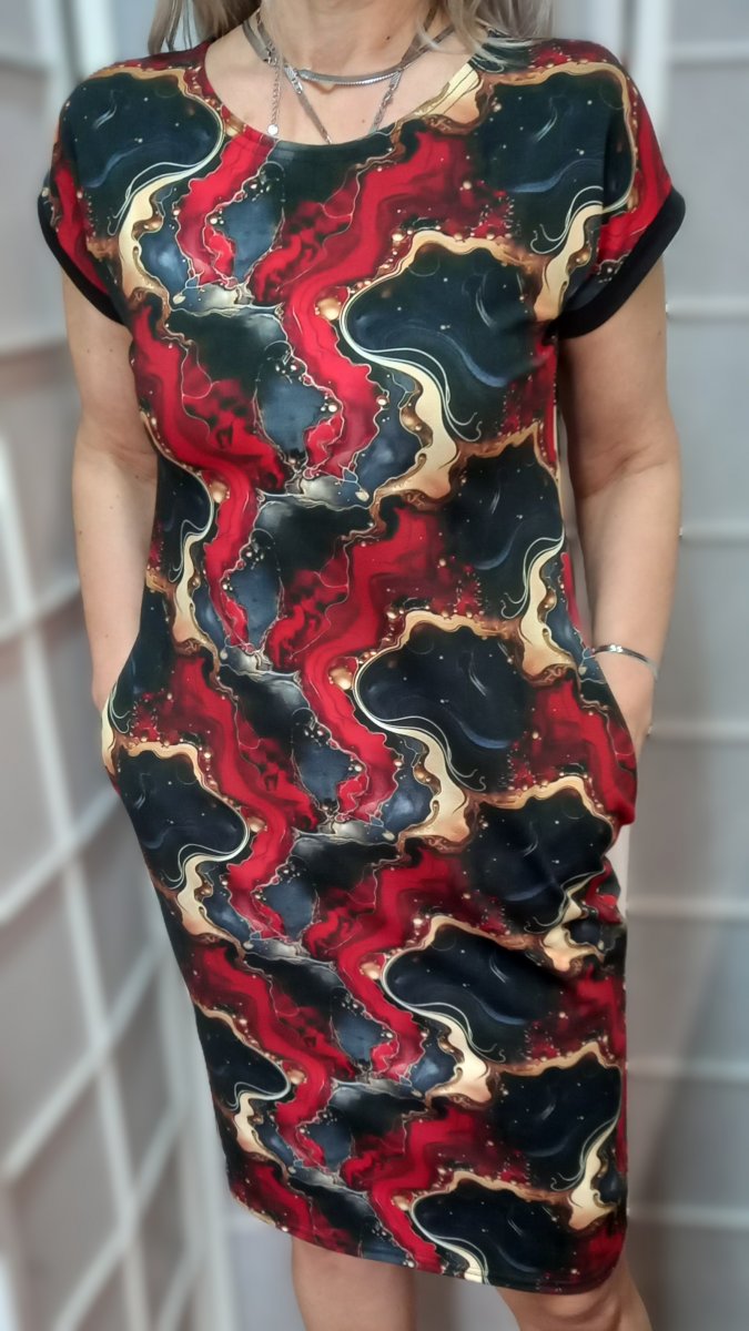 Šaty s kapsami - červený mramor (bavlna), velikost 4XL