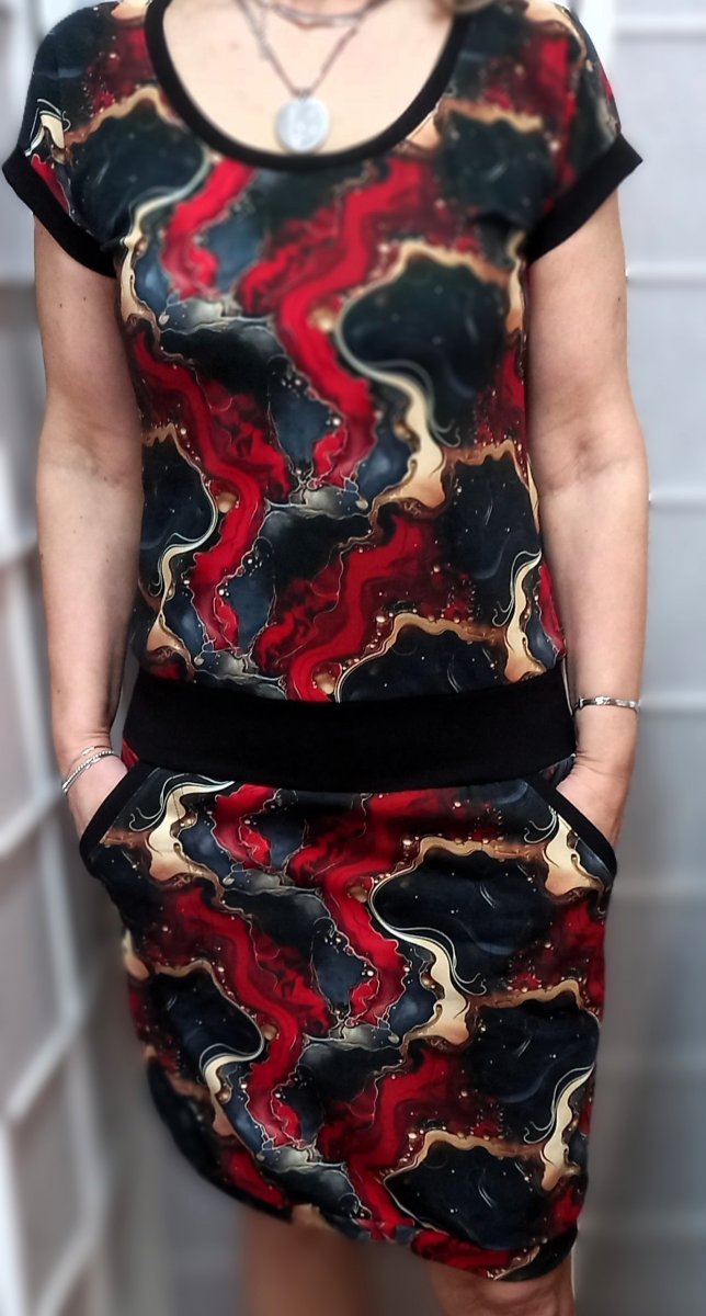 Šaty - červený mramor (bavlna), velikost XL ***DOPRODEJ***