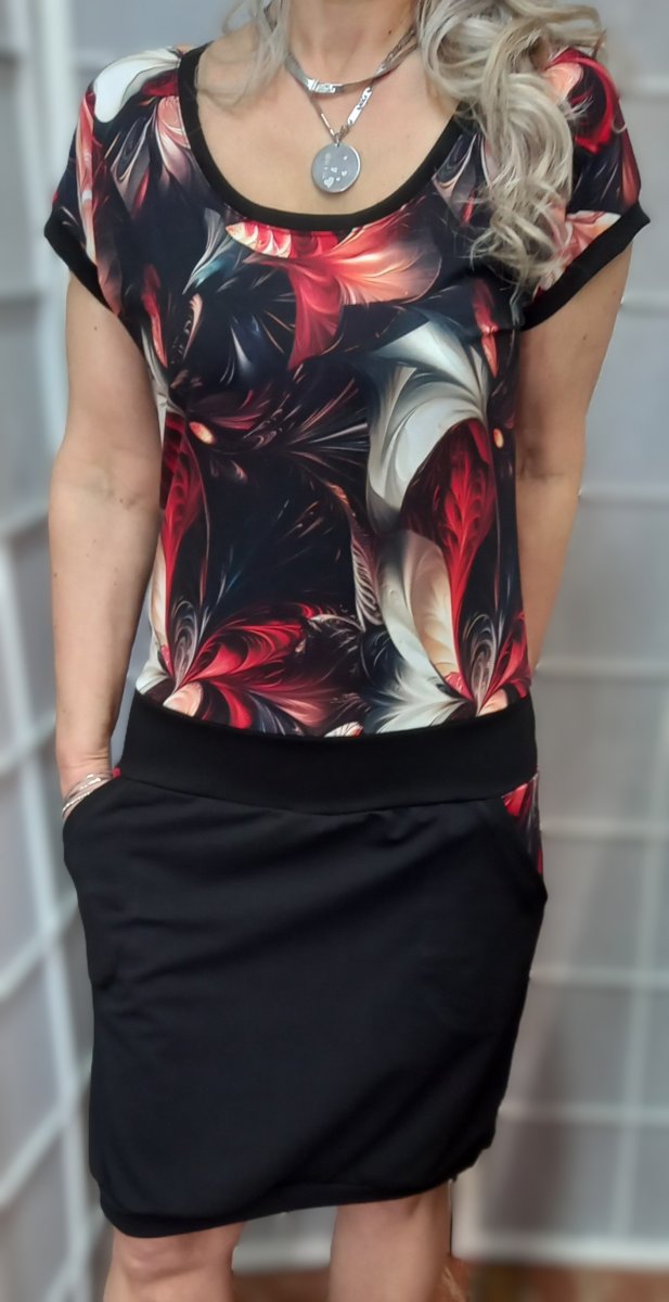 Šaty - červený fraktál s černou sukní (bavlna)