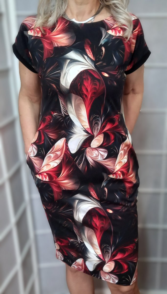 Šaty s kapsami - červený fraktál (bavlna)