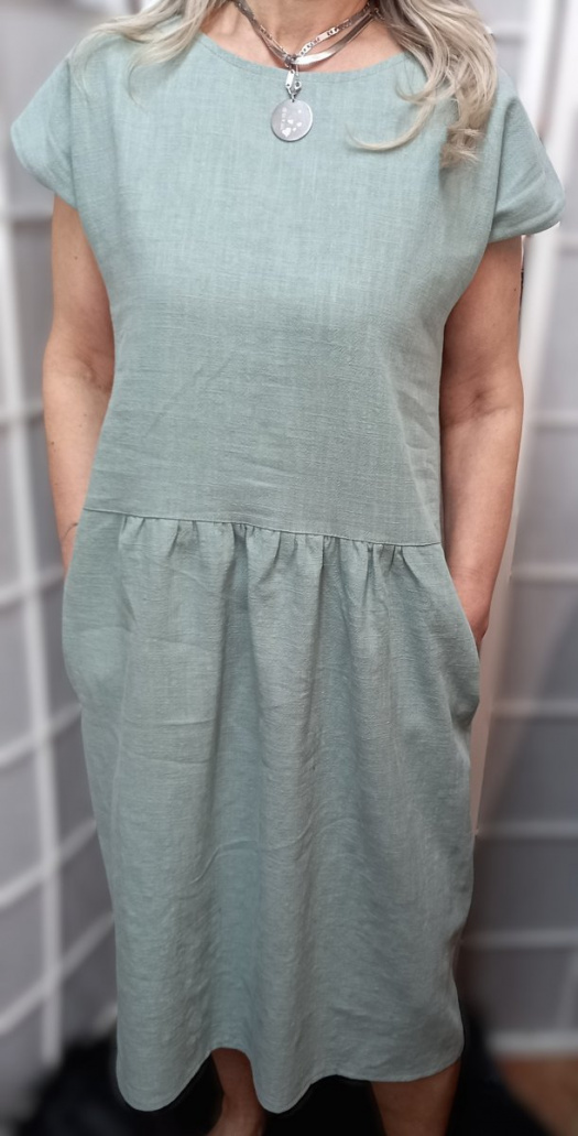 Lněné šaty s kapsami - barva mentolová (velikost 2XL a 3XL)