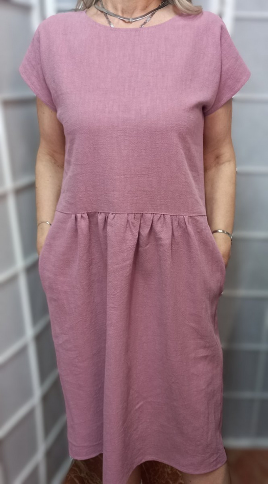 Lněné šaty s kapsami - barva starorůžová (velikost 2XL a 3XL)
