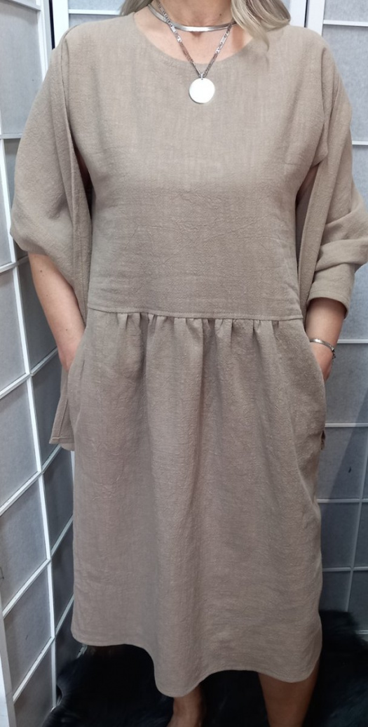 Lněné šaty s kapsami - barva světle hnědá, velikost L/XL ~ LETNÍ VÝPRODEJ ~