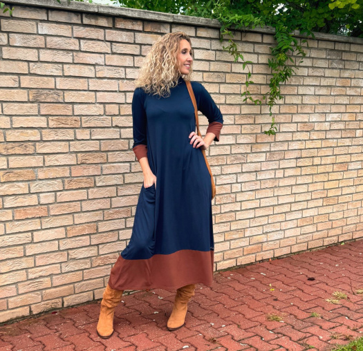 Zvonové šaty modro skořicové dlouhé