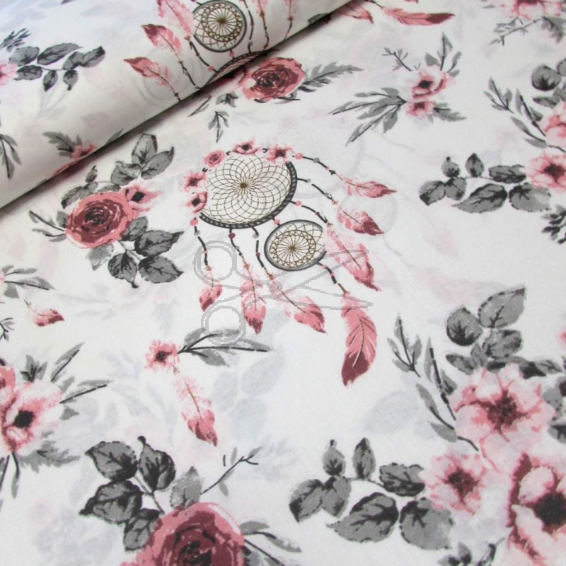 Bavlněná látka - metráž - lapač snů růžový a růže - š. 160 cm