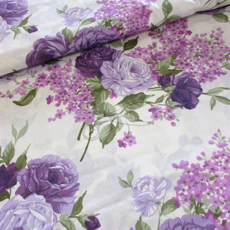 Bavlněná látka - metráž - šeřík, růže fialové - š. 160 cm