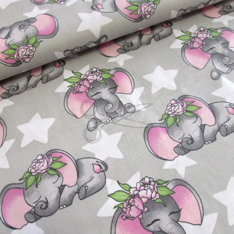Bavlněná látka - metráž - Slon mašle růžový - š. 160 cm