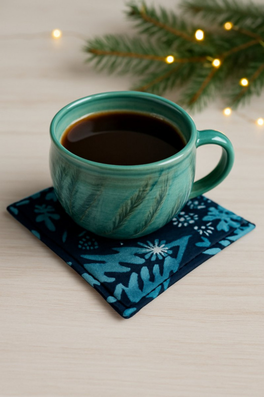 Zimní šité podkafíčka – modré podložky pod hrnek