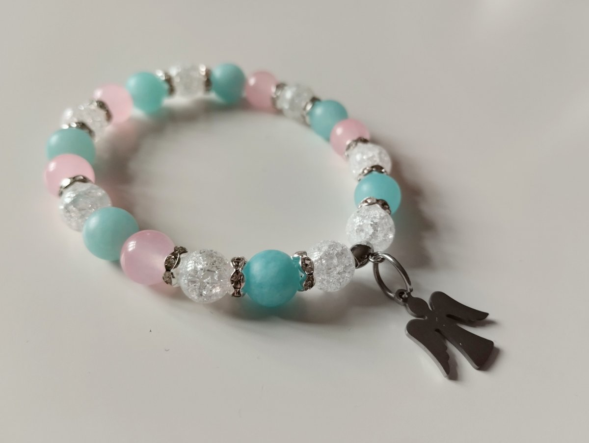 Náramek s nerezovým andělem z růženínu a achátu