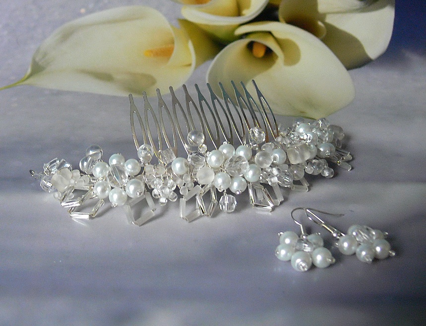 Svatební vlasová ozdoba s perličkami + svatební náušnice
