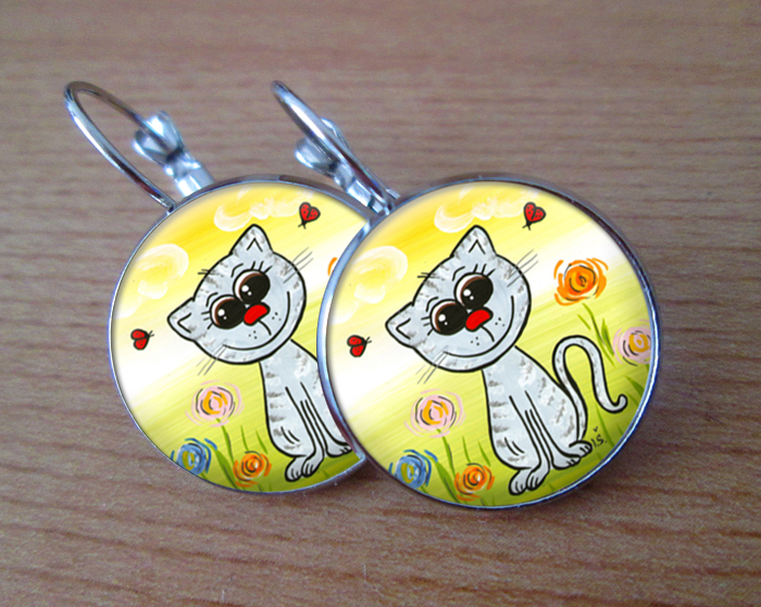 MALOVANÉ VISACÍ NÁUŠNICE - Šedá kočička