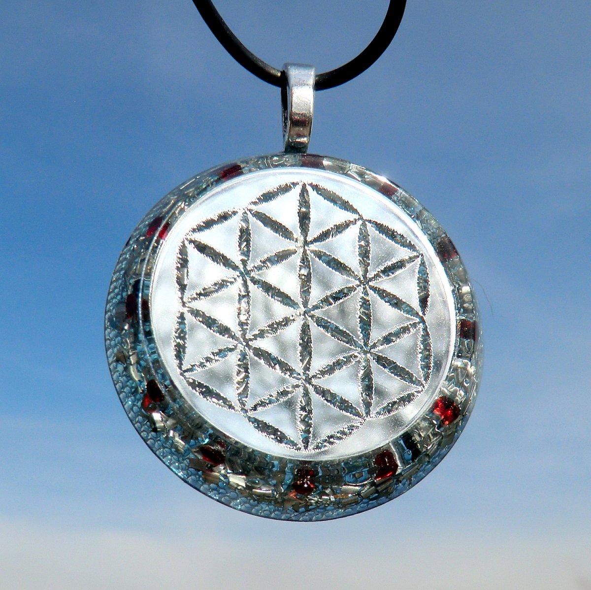 Orgonit Květ Života - zrcadlová Mandala - stříbrná