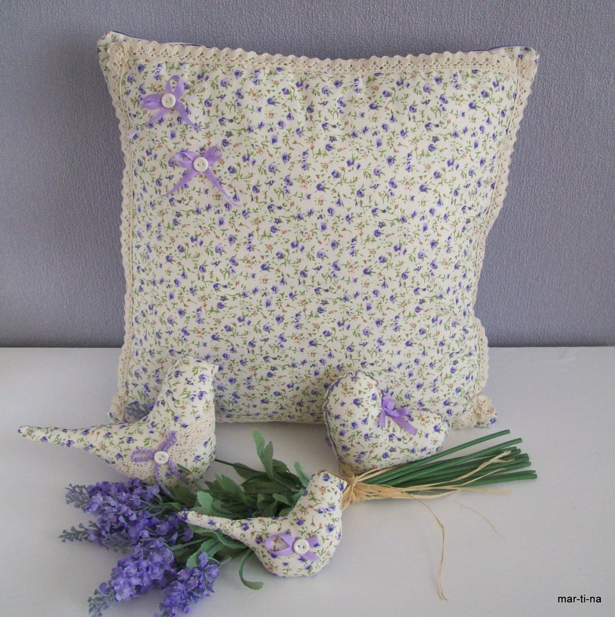 Romantická sada - polštářek+srdíčko+2ptáčci