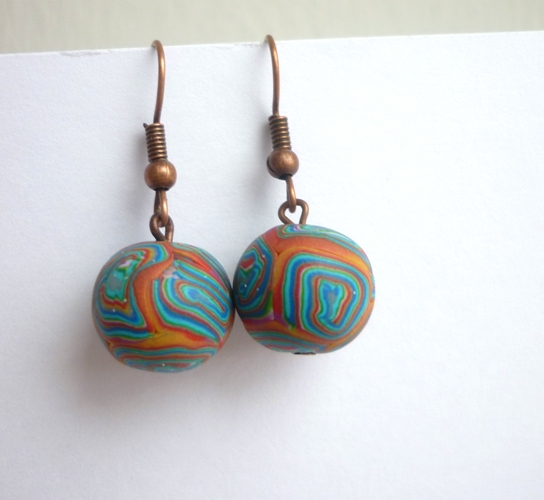 Fimo kouličky - oranžovo modré náušnice