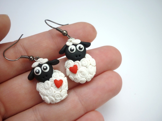 Fimo náušnice ovce se srdíčkem