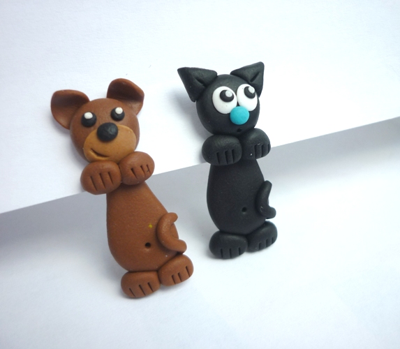 pejsek a kočička - fimo náušnice skrz ucho - 1pár