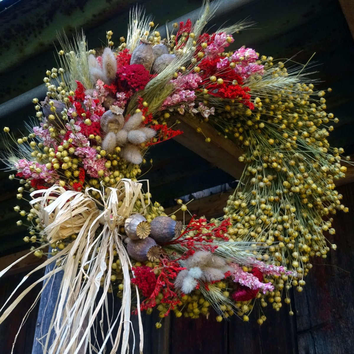 Věnec - Lněný v růžové, červené...