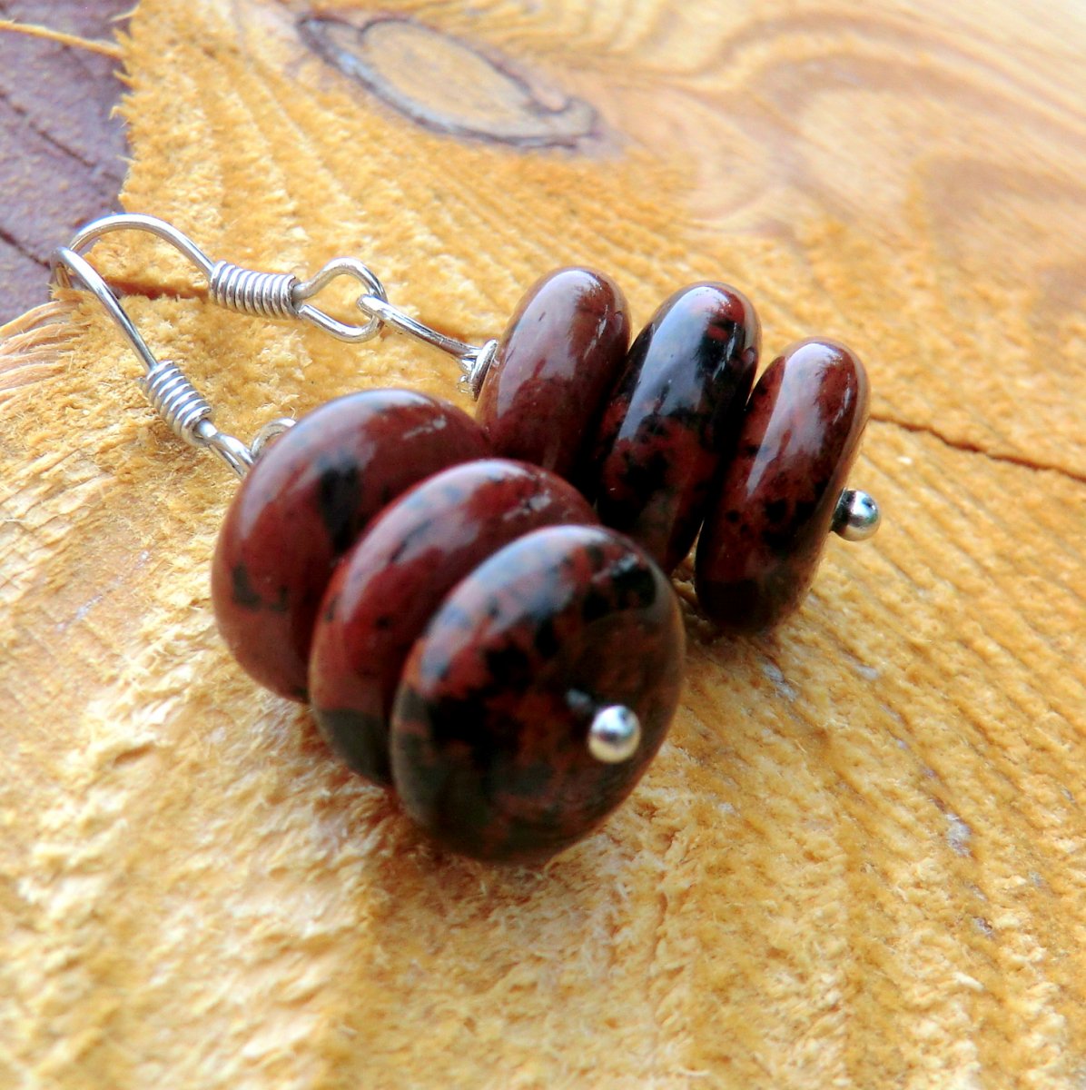 Naušnice * Kamenné věžičky *  Obsidián Mahagon