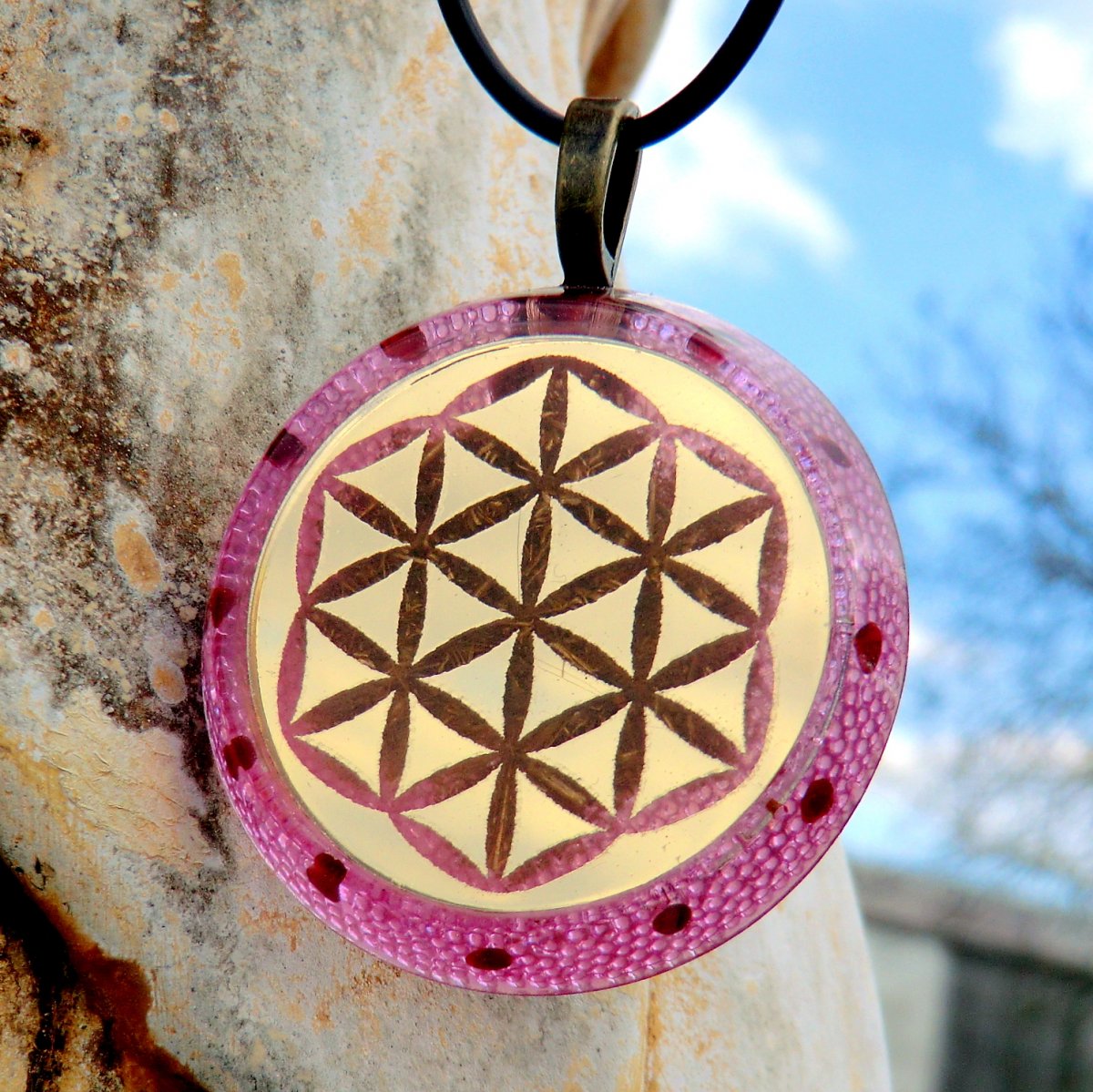 Orgonit Květ Života - zrcadlová Mandala - zlatá/růžová