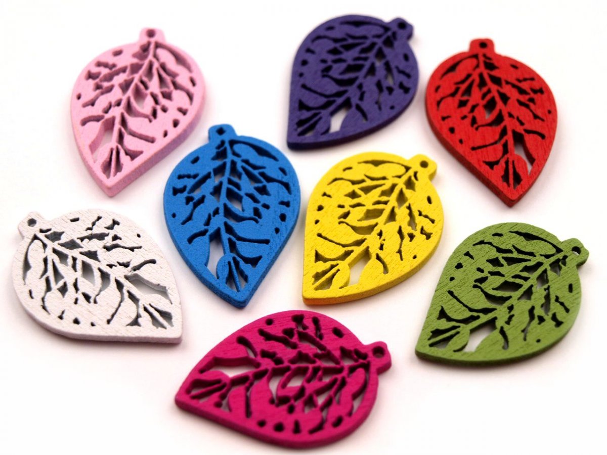 Dřevěný výsek list 4ks- Bílý, fialový