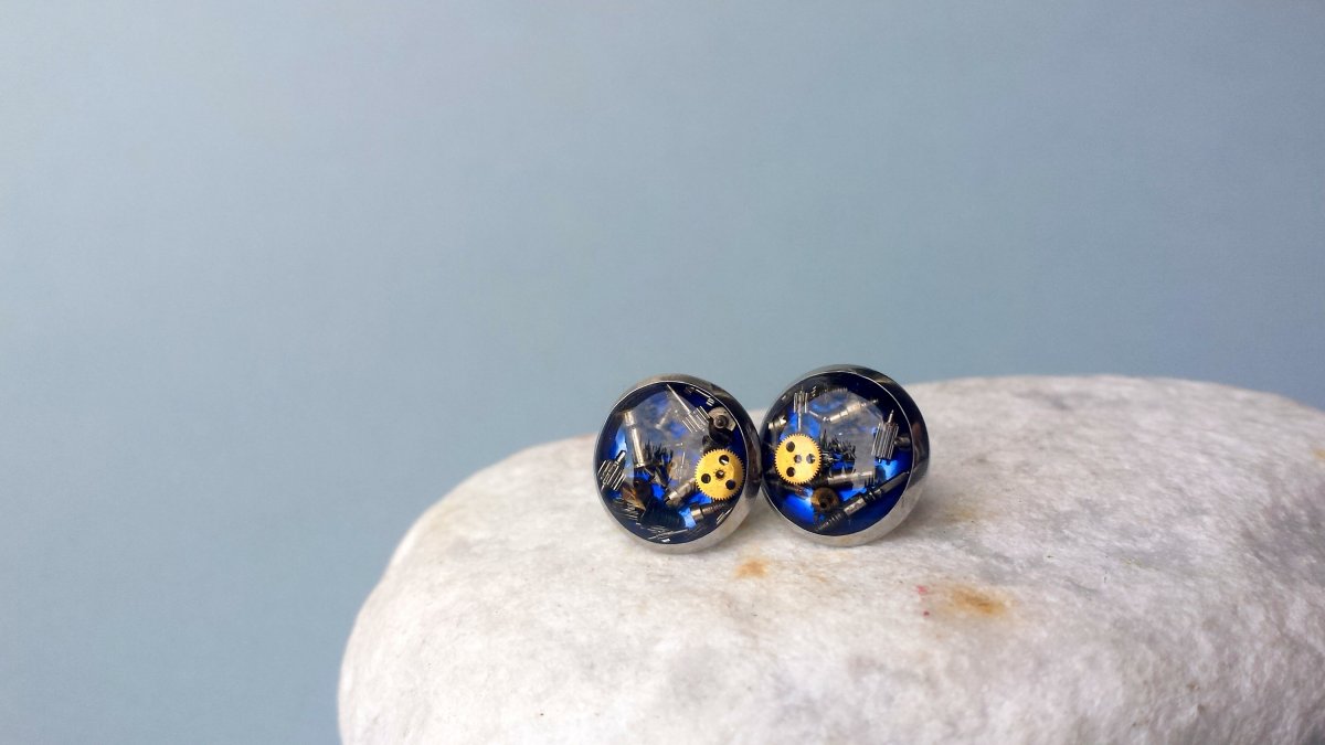 Modré steampunkové puzetky - nerezová ocel