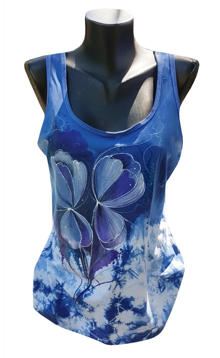 Tmavě modré dámské tílko - květinky ručně malova